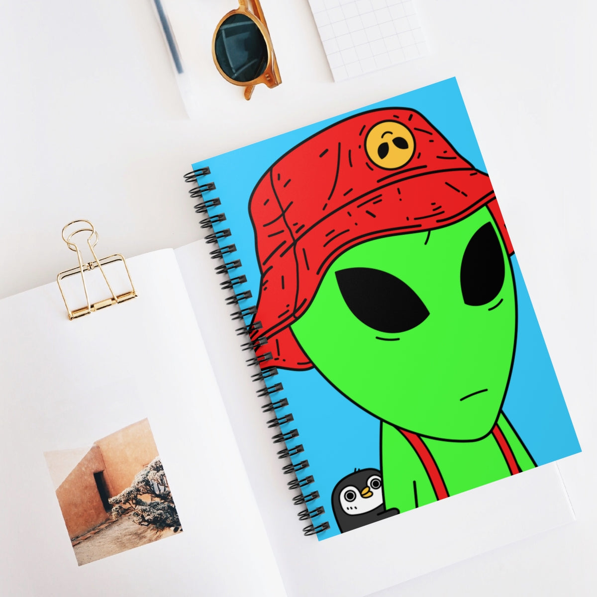 Penguin Alien Visitor Red Visi Space Galactic Spiral Notebook - Ruled Line