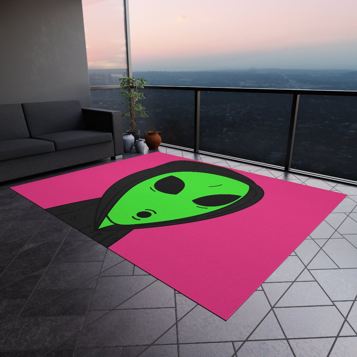 The Visitor Green Alien Black Hoodie Pink Background Outdoor Rug