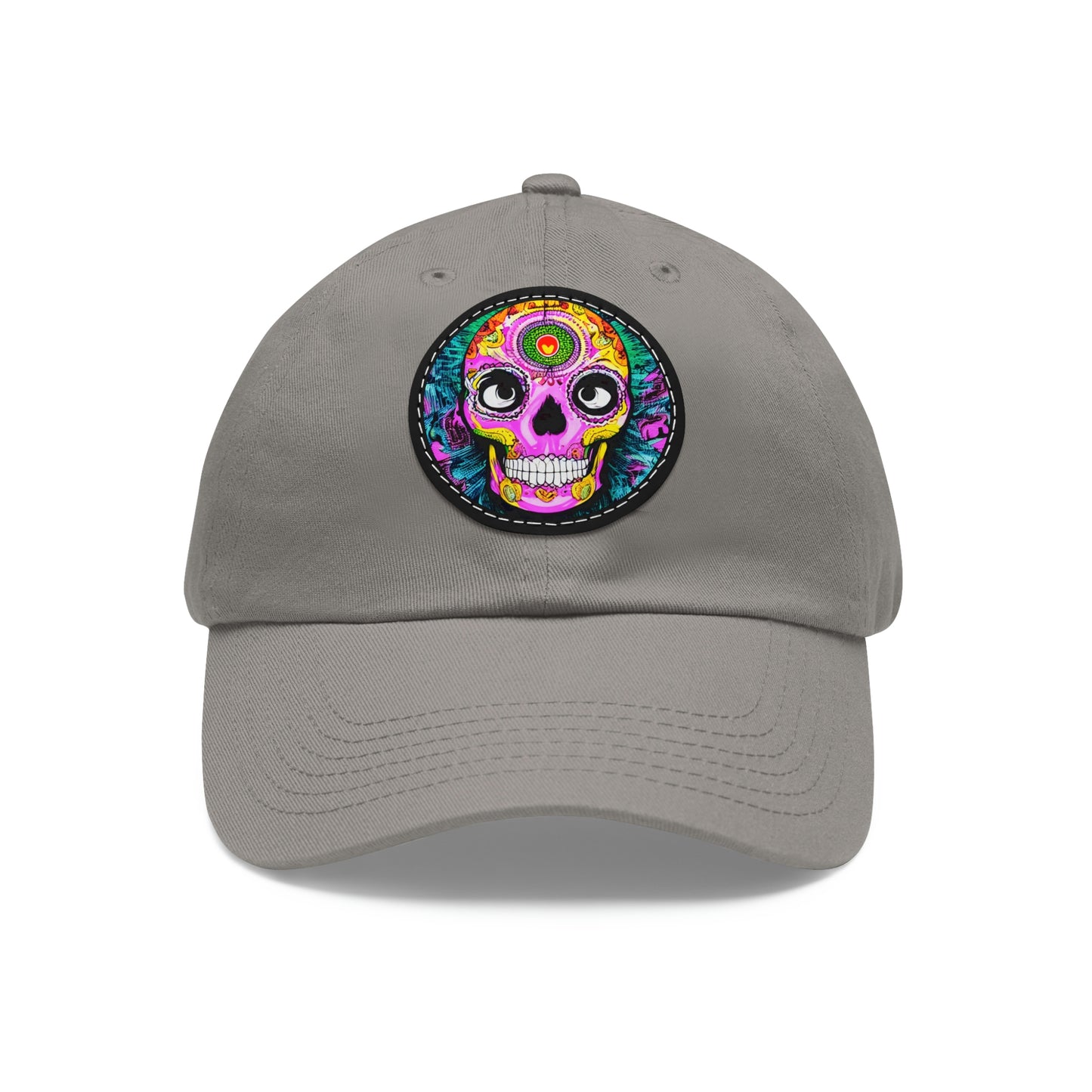 Trippy psychedelic Skull Skeleton Head Face Dad Hat with Leather Patch (Round)