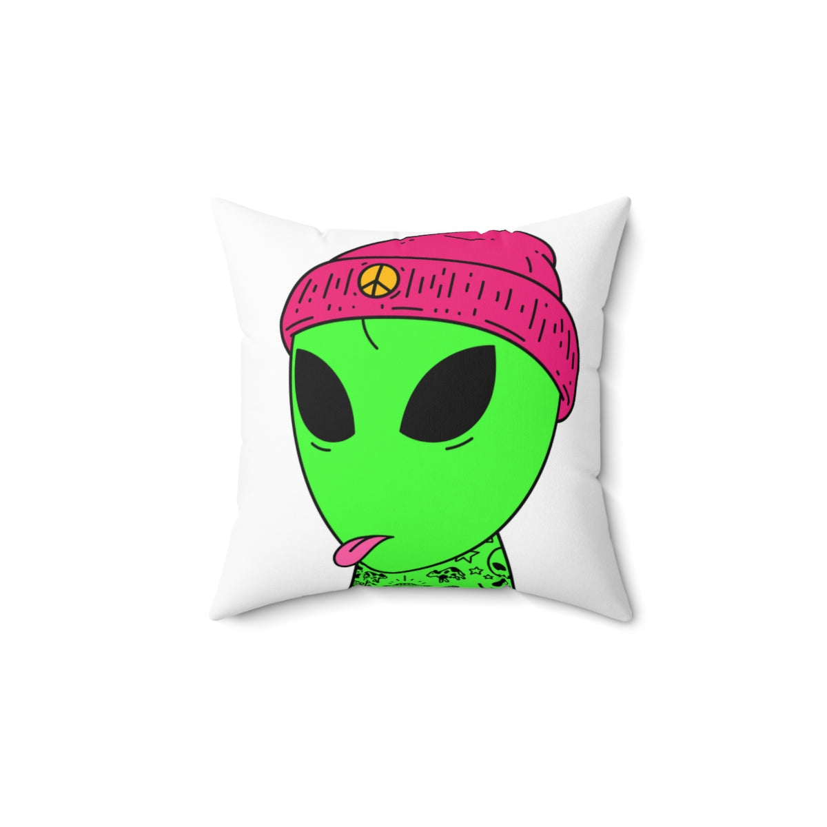 Pink Tongue Peace Hat Alien Tattoos UFO Space Extraterrestrial Visitor Spun Polyester Square Pillow