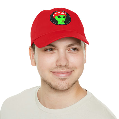 Mushroom Head Green Alien Visitor w/ Red Lips Dad Hat with Leather Patch (Round)