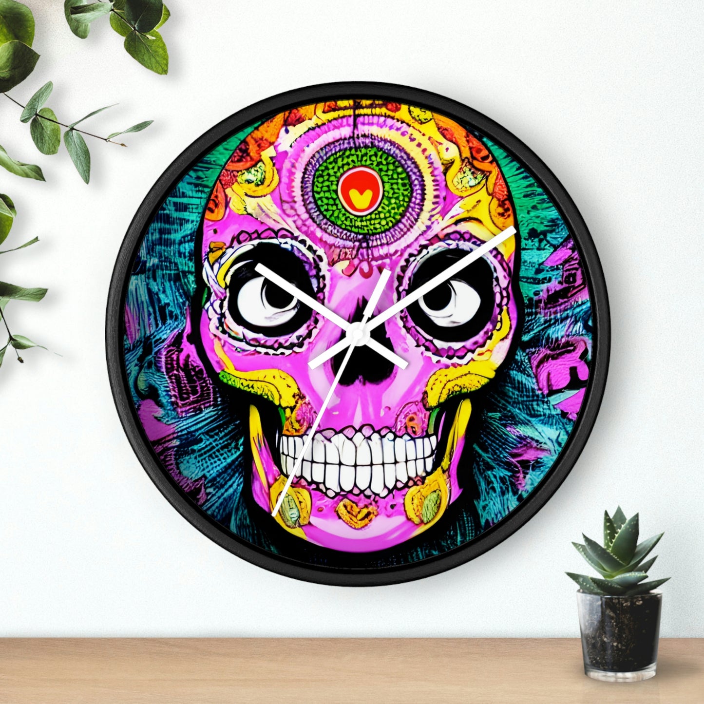 Trippy psychedelic Skull Skeleton Head Face Wall clock