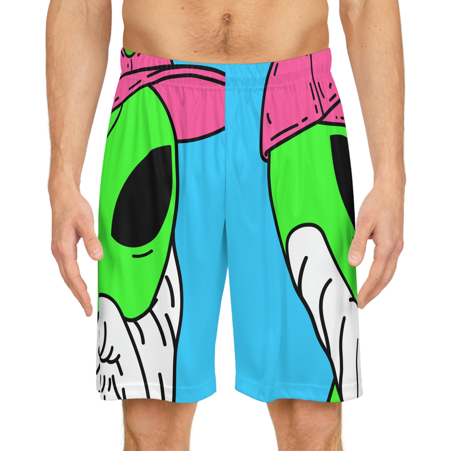 Beard Visitor Pink Hat Alien Cartoon Basketball Shorts (AOP)