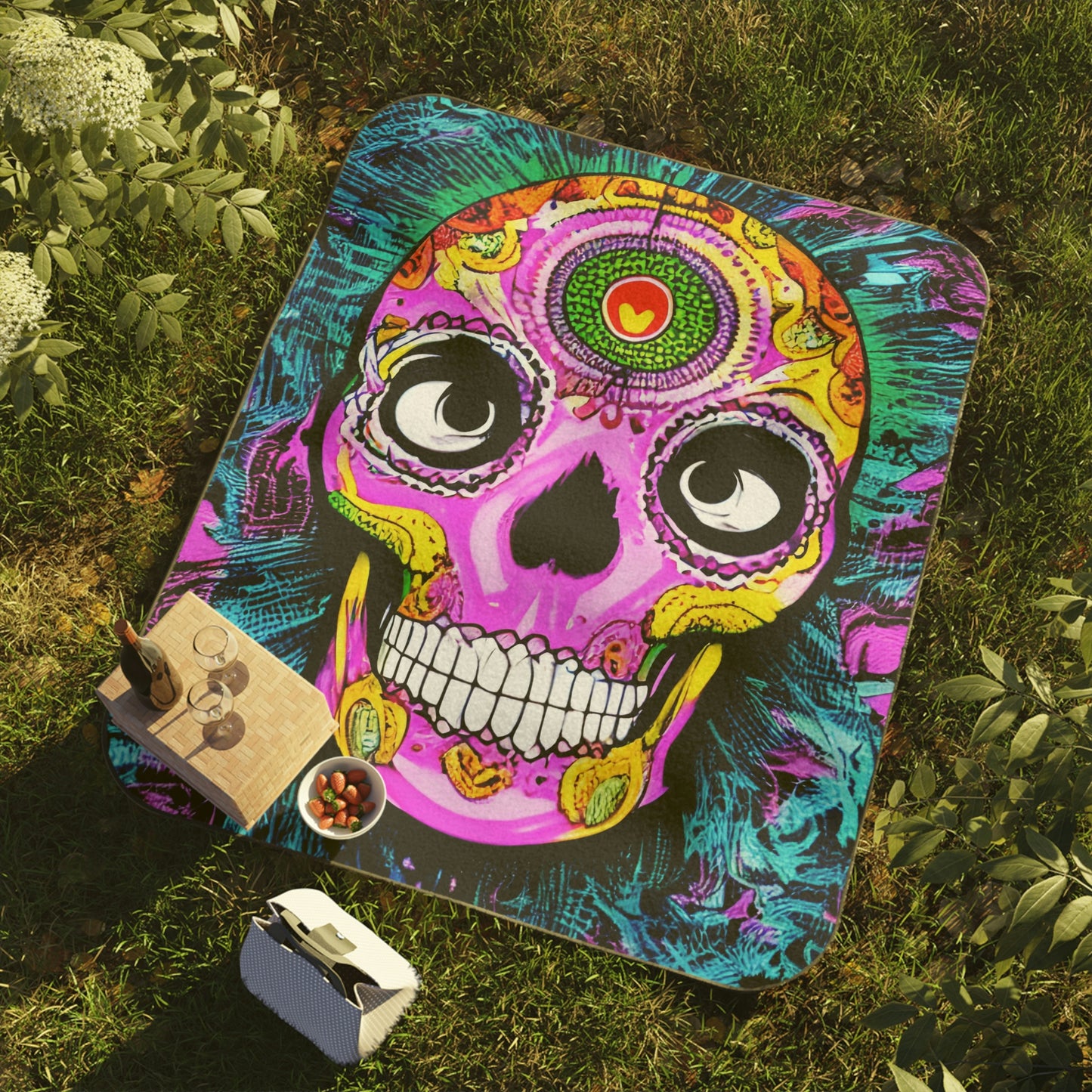 Manta Para Picnic Cara de cabeza de esqueleto de calavera psicodélica trippy