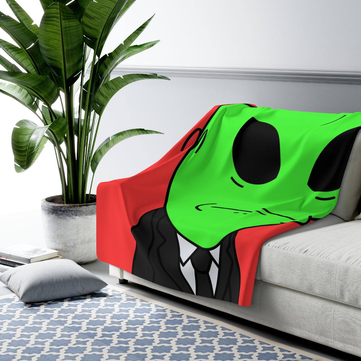 Green Hair Alien Business Black Suit Large Okay Mouth Visitor Sherpa Fleece Blanket