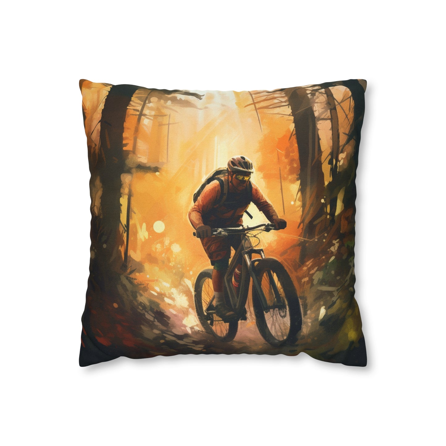 Mountain Bike Adventure - Forest Trail Graphic Spun Polyester Square Pillow Case