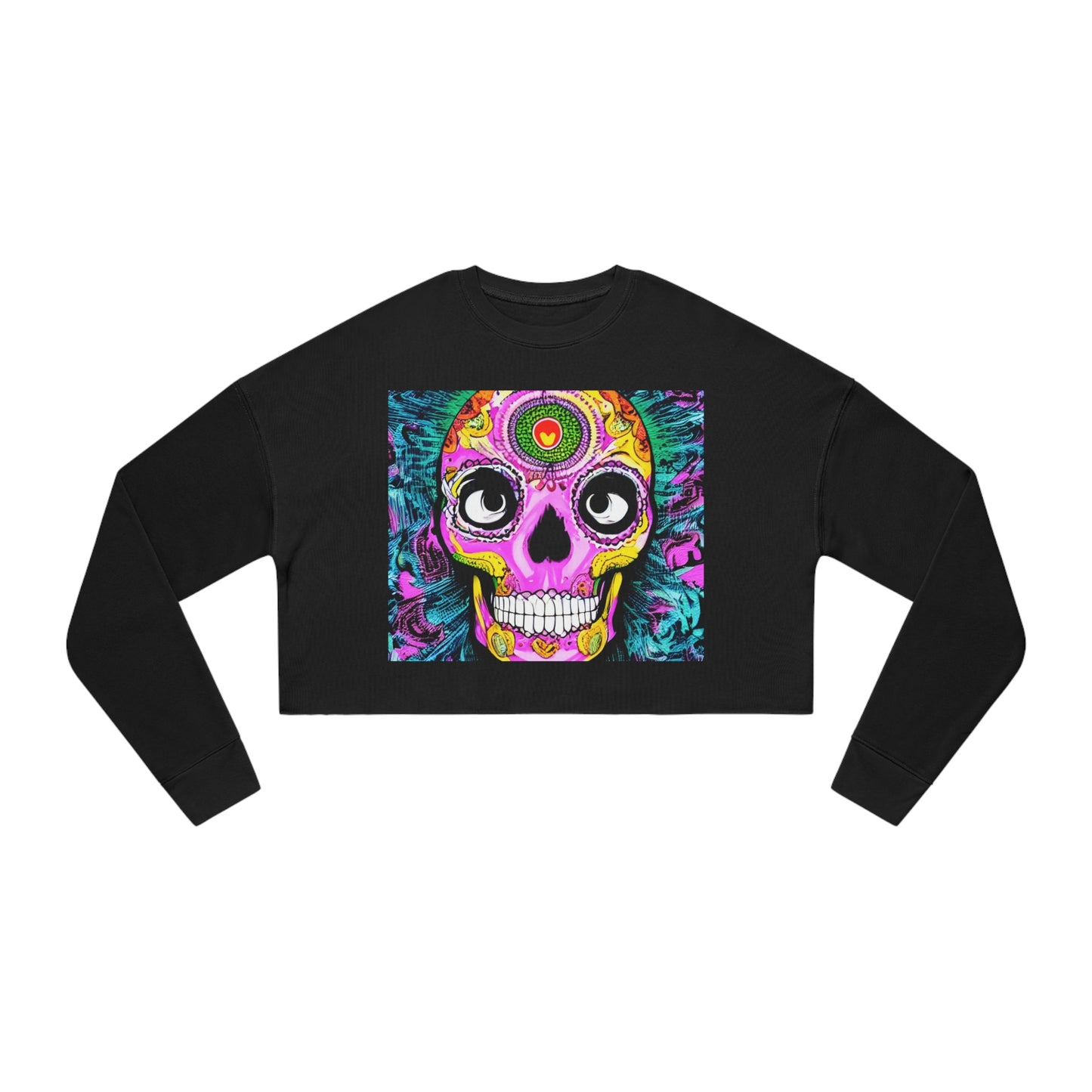 Trippy psychedelic Skull Skeleton Head Face Women's Cropped Sweatshirt