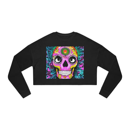 Trippy psychedelic Skull Skeleton Head Face Women's Cropped Sweatshirt