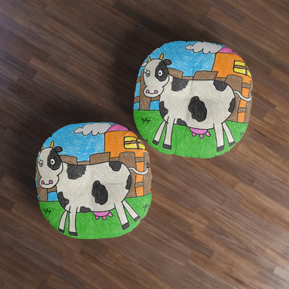 Cow Moo Farm Barn Animal Character Tufted Floor Pillow, Round