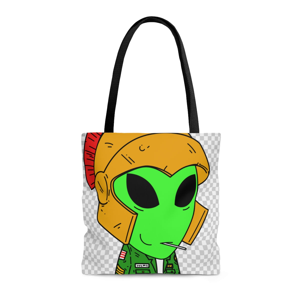 Spartan Helmet Military Jacket Lolipop Mouth Green Alien Visitor AOP Tote Bag