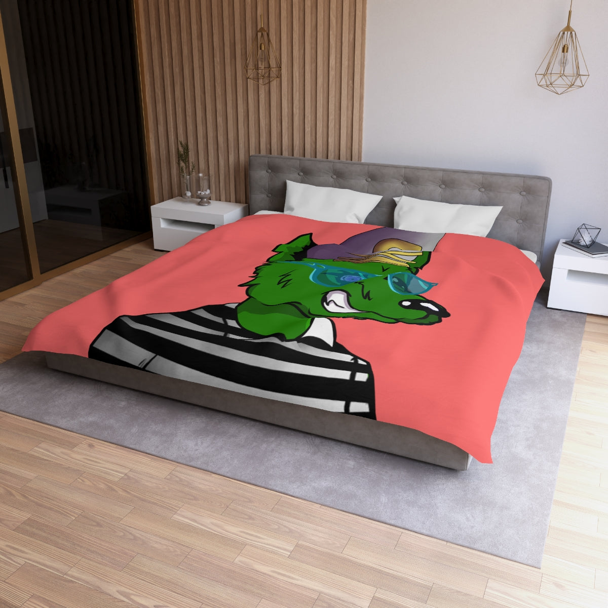 Cyborg Wolf Green Fur Striped Shirt Gold Sailor Hat Blue Glasses Microfiber Duvet Cover