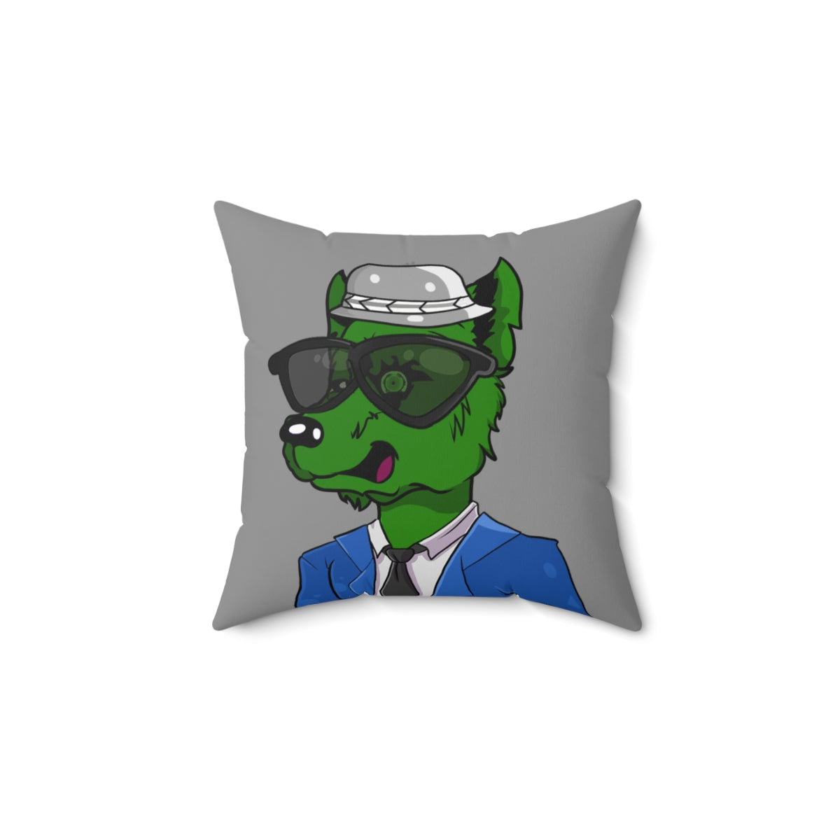 Cyborg Wolf Blue Suit Black Tie Green Fur Black Shades grey Fedora Spun Polyester Square Pillow