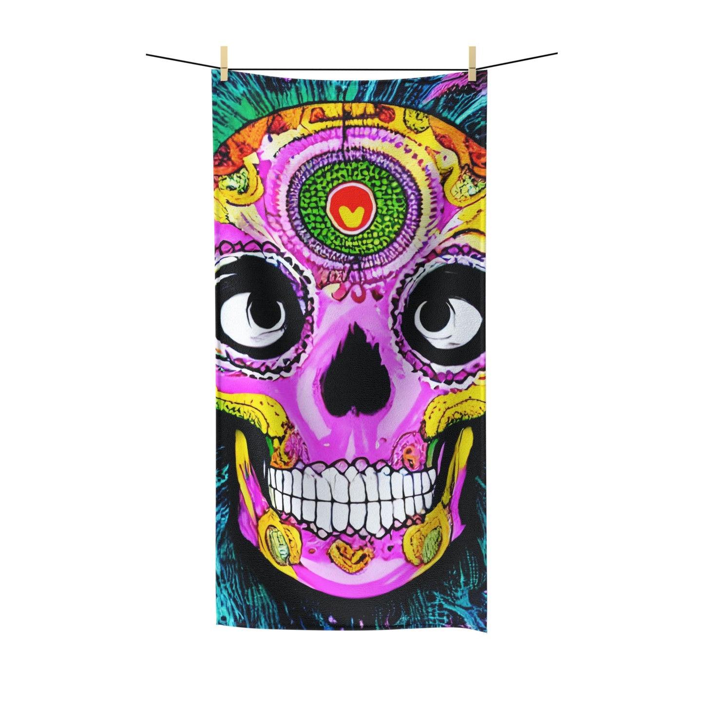 Toalla de polialgodón con cara de cabeza de esqueleto de calavera psicodélica trippy