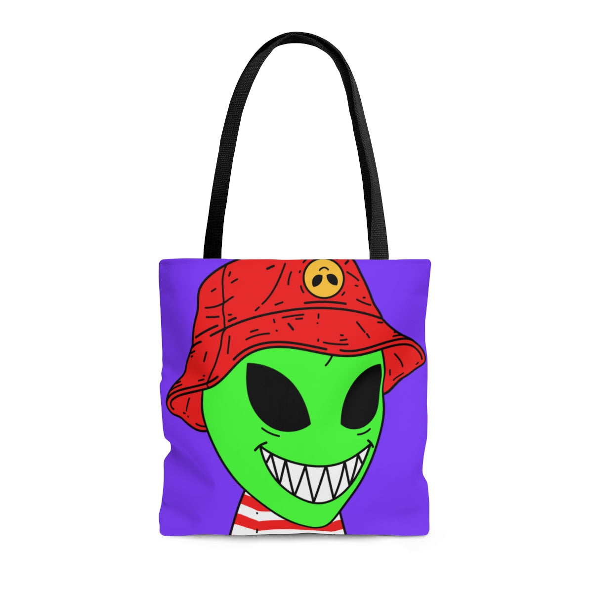 Alien Character Cartoon Red Hat Striped Shirt Big Smile AOP Tote Bag