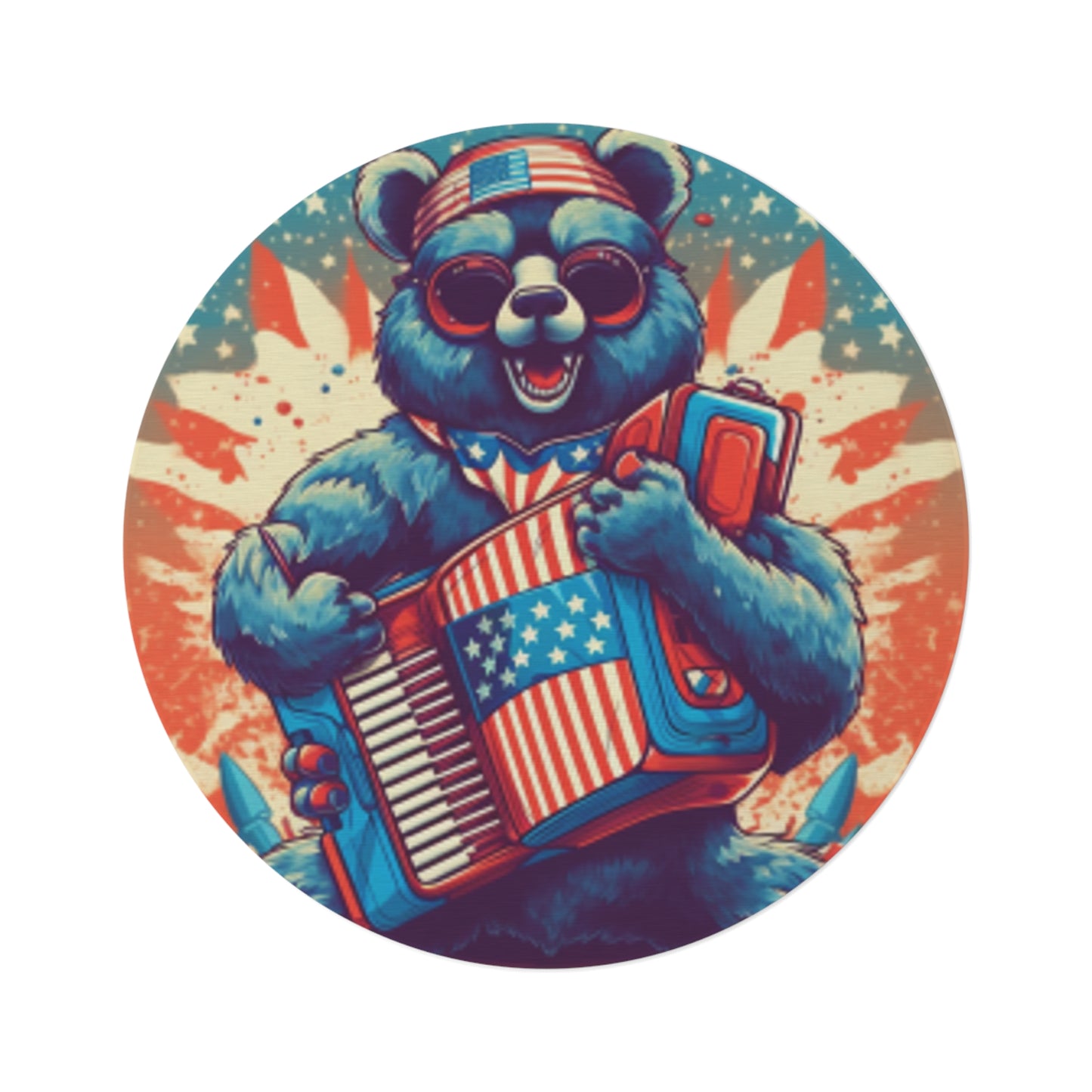 Accordion Bear Patriotic 4th of July American Music Round Rug