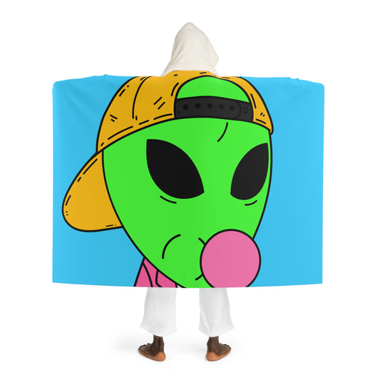 Pink Suit Bubble Gum Visitor Green Alien with Yellow Cap Hooded Sherpa Fleece Blanket