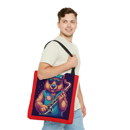 Jazz Stars and Stripes: Celebrate 4th of July with the Patriotic Bear's Saxophone Tote Bag (AOP)