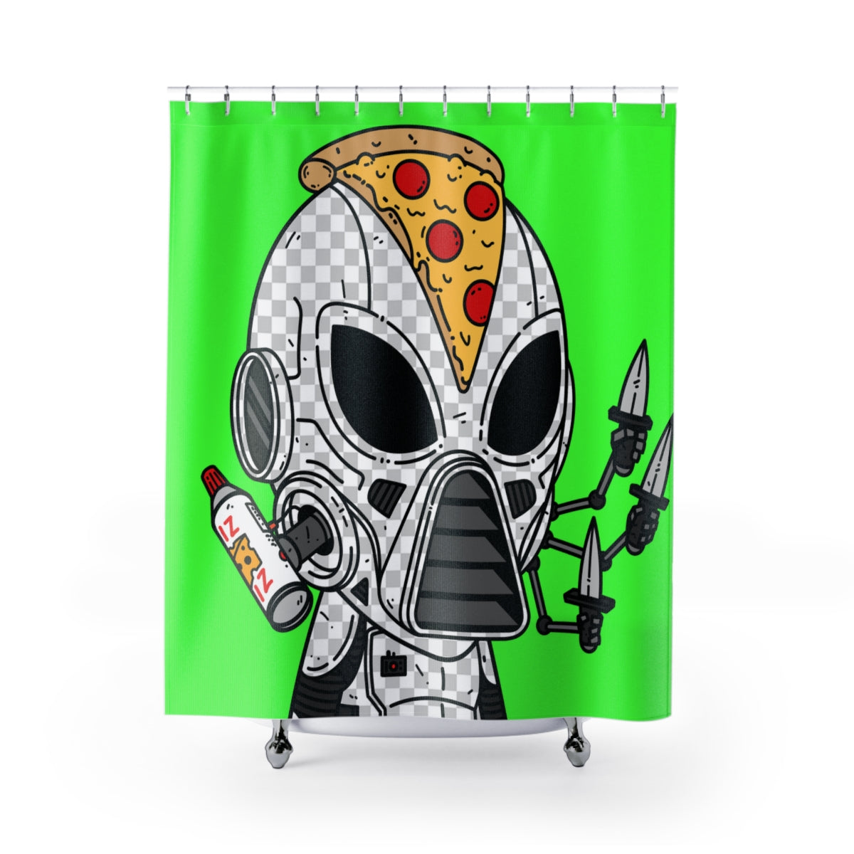 Knive Peppe Pizza Viz Wiz Armored White Future Alien Cyborg Machine Visitor Shower Curtains