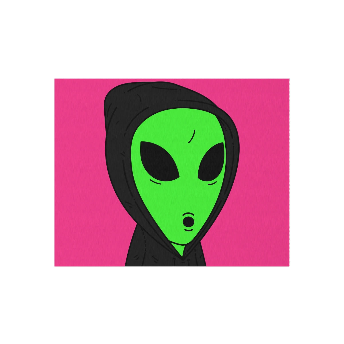 The Visitor Green Alien Black Hoodie Pink Background Outdoor Rug