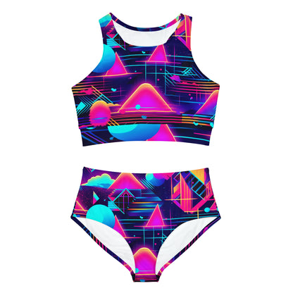 80s Synthwave Retro-Futuristic Inspired Pattern Design Sporty Bikini Set (AOP)