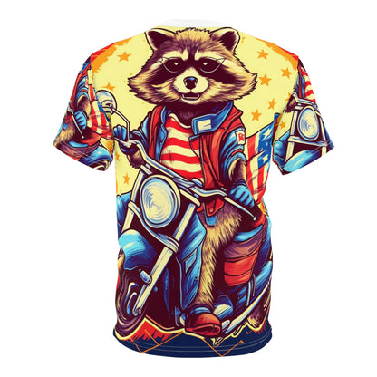 Red White and Blue American Raccoon Biker Motorcyclist Graphic Unisex Cut & Sew Tee (AOP)