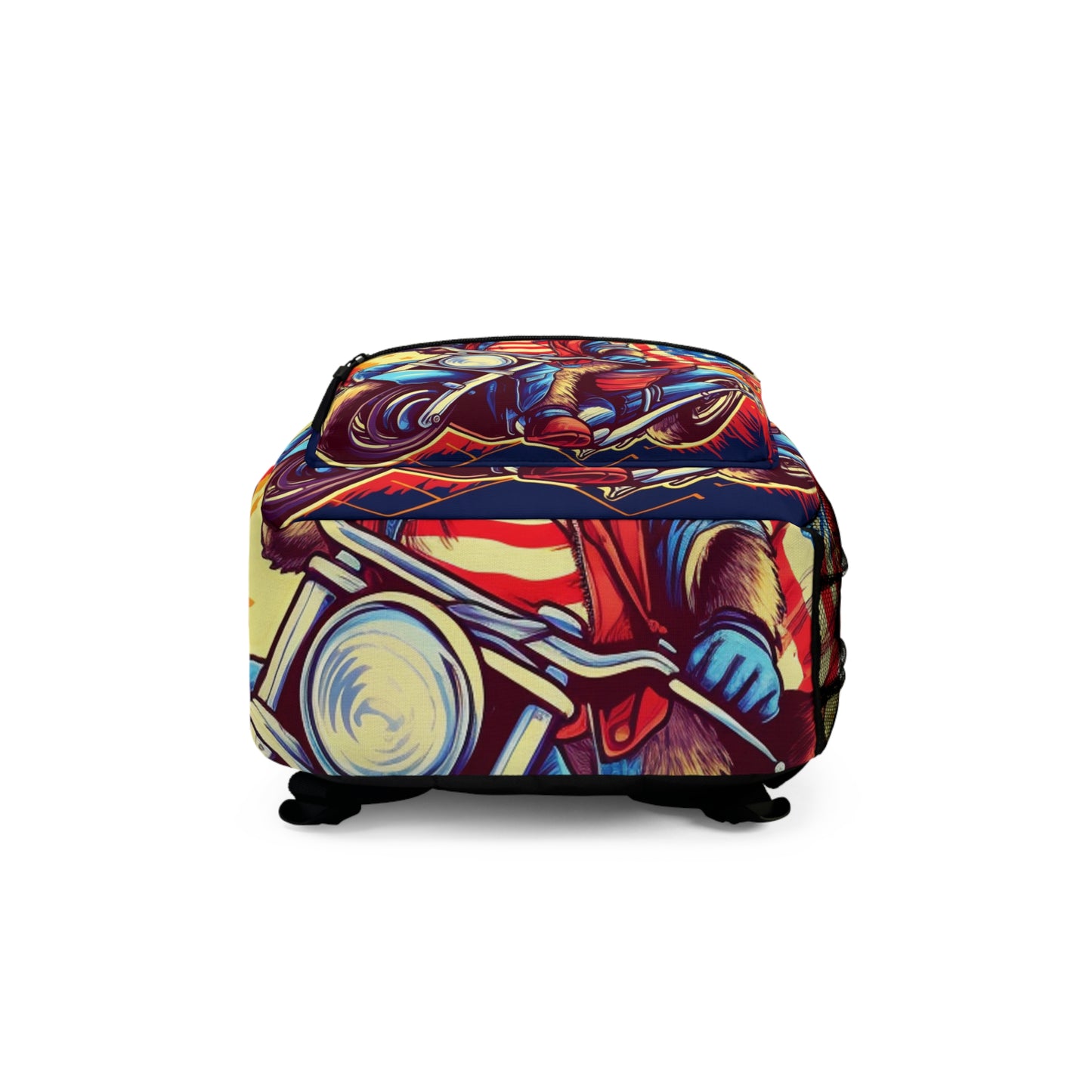 Red White and Blue American Raccoon Biker Motorcyclist Graphic Backpack