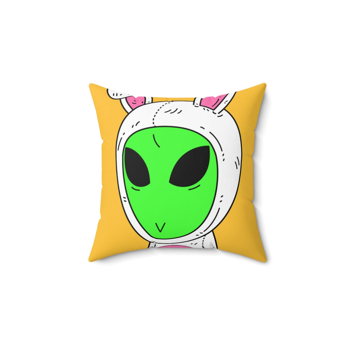 Green Alien V Face White Bunny Rabbit Visitor Spun Polyester Square Pillow