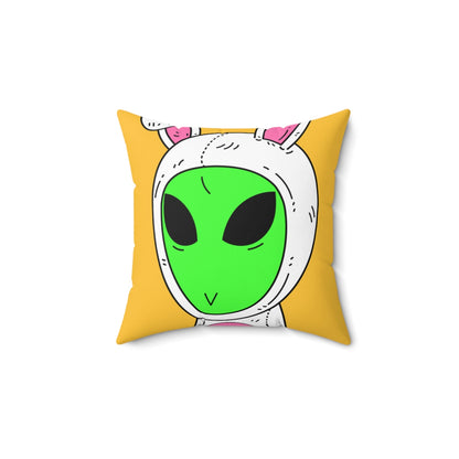 Green Alien V Face White Bunny Rabbit Visitor Spun Polyester Square Pillow