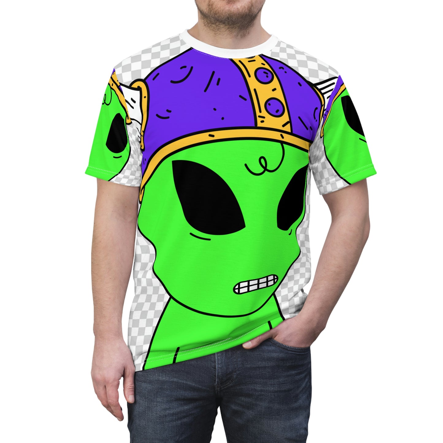 Casco vikingo guerrero alienígena visitante galáctico unisex AOP Cut &amp; Sew camiseta 