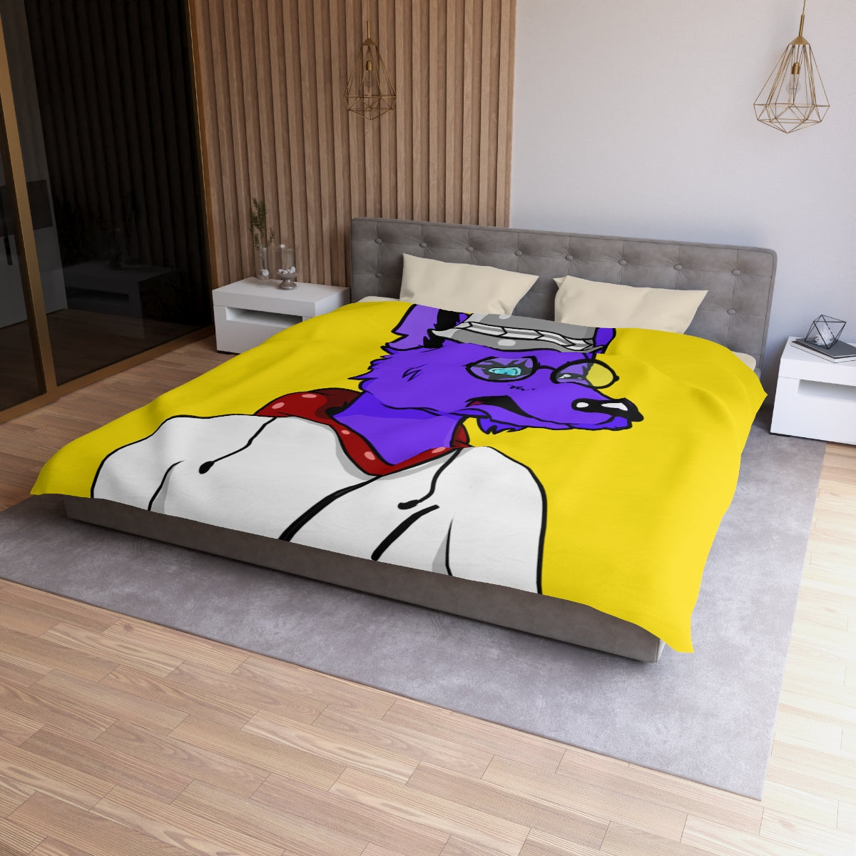 Cyborg Wolf Round Frame Glasses Fedora Hat White Sweatshirt Hoodie Purple Fur Microfiber Duvet Cover