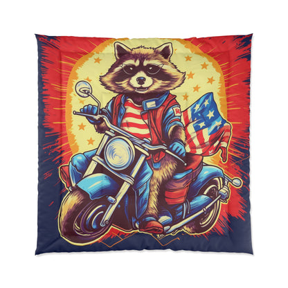 Red White and Blue American Raccoon Biker Motorcyclist Graphic Comforter