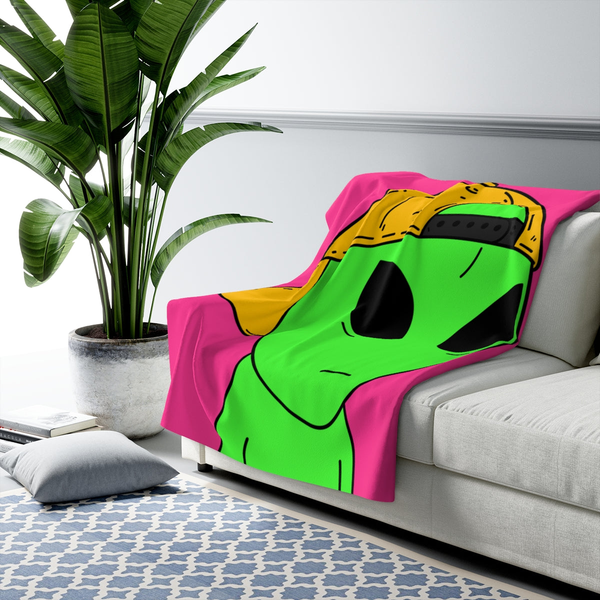 Green Alien Yellow Hat Visitor Sherpa Fleece Blanket