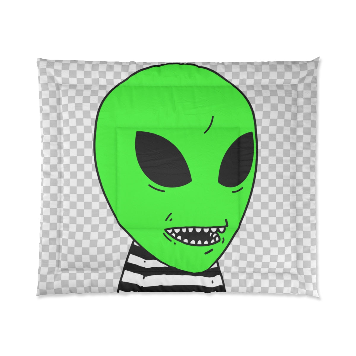 Green Alien Sharp Teeth Mouth Striped Black White Shirt Visitor Bed Comforter