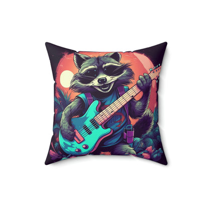 Furry Raccoon Guitarist: Animal Musician Rock Star Spun Polyester Square Pillow