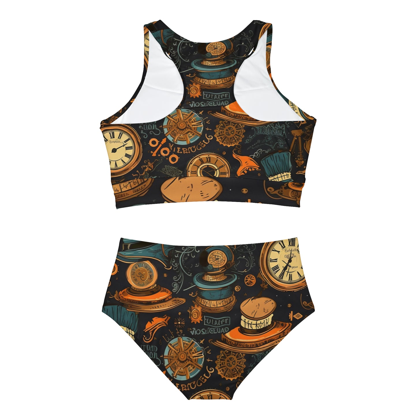 Steampunk Aesthetic: Gears, Top Hats & Vintage Clocks Design Sporty Bikini Set (AOP)