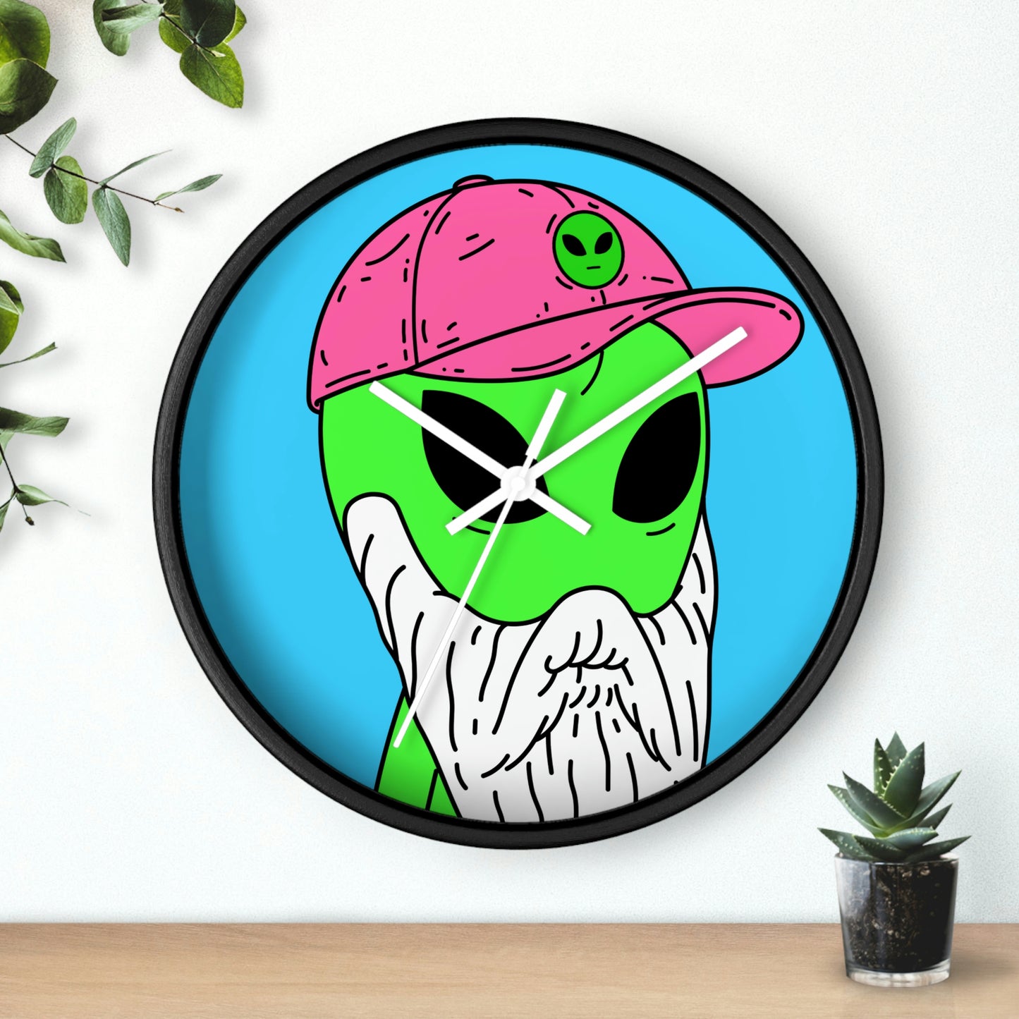 Beard Visitor Pink Hat Alien Cartoon Comic Wall clock