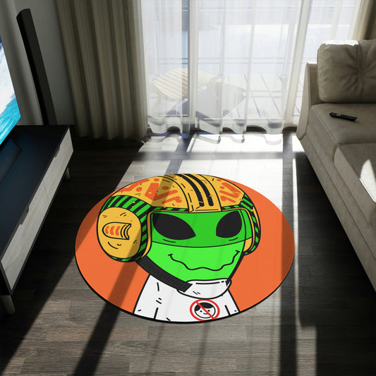 Yellow Space Ship UFO Flying Saucer Helmet Green Smiley Anti Human Visi Tshirt Visitor Round Rug - Visitor751
