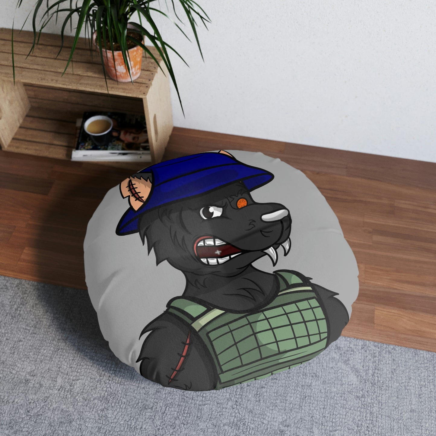 Army Black Wolf Cyborg Werewolve Tufted Floor Pillow, Round