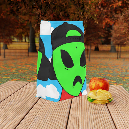 Green Alien Large Sad V Mouth Black Cap Red Visi T Shirt Visitor Polyester Lunch Bag