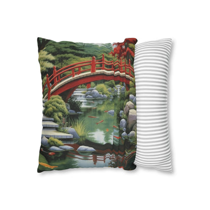 Japanese Garden Art - Tranquil Koi Pond Red Bridge Spun Polyester Square Pillow Case