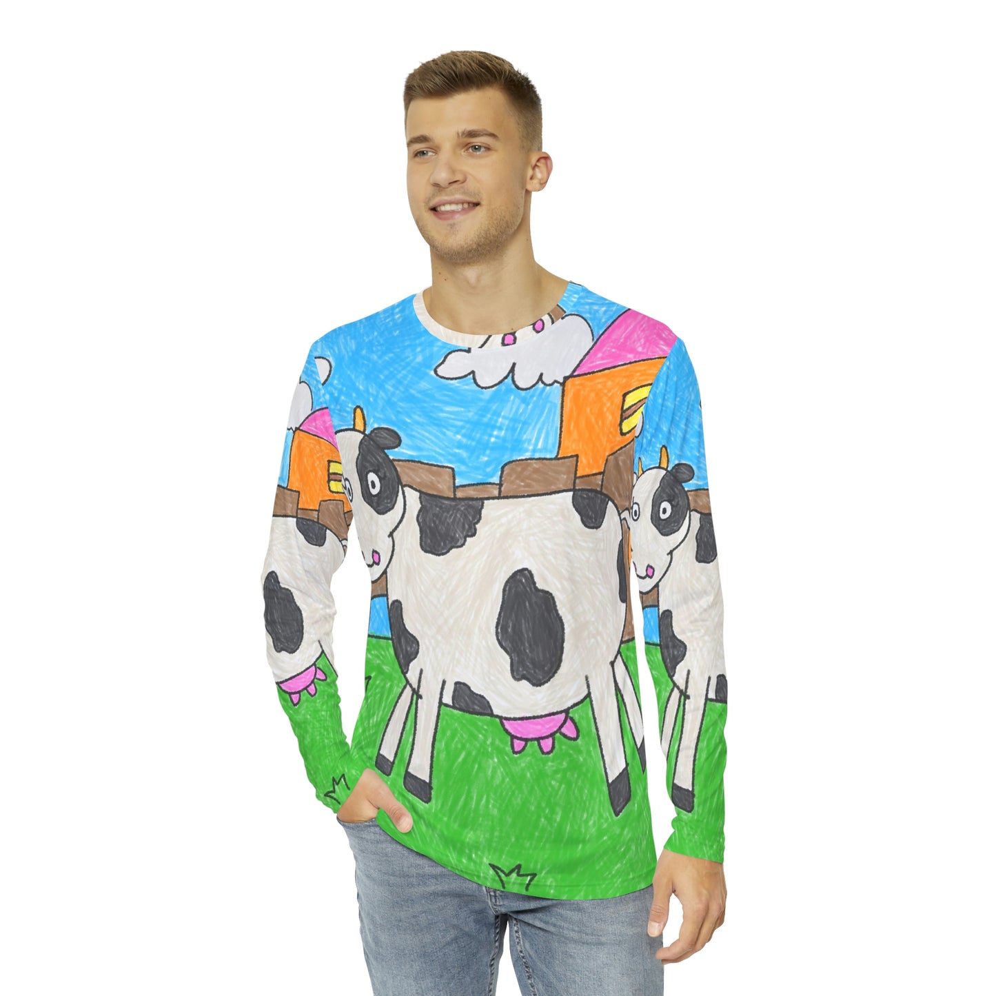 Cow Moo Farm Barn Animal Character Men's Long Sleeve AOP Shirt