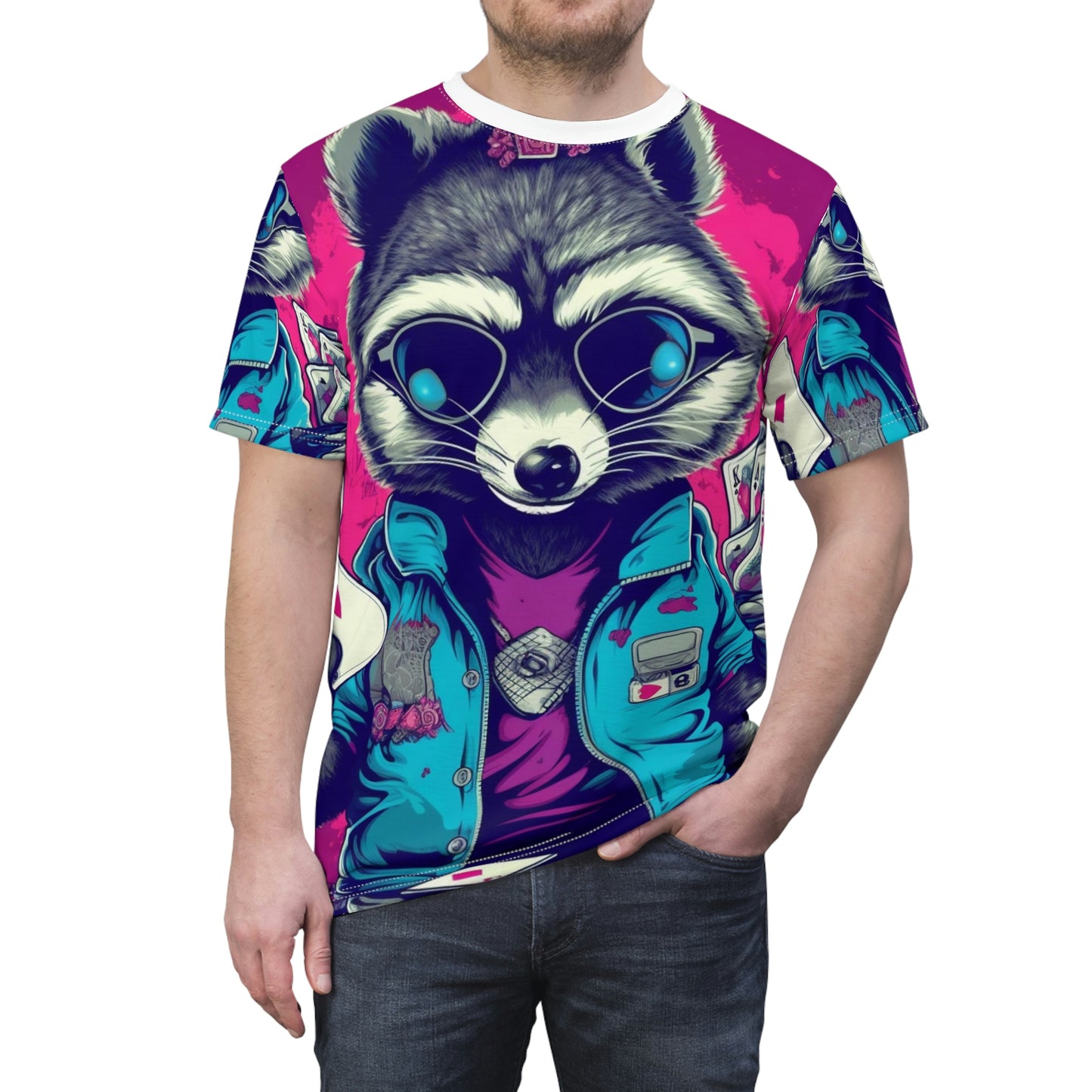 Raccoon Poker Card Player Furry Champion Unisex Cut & Sew Tee (AOP)