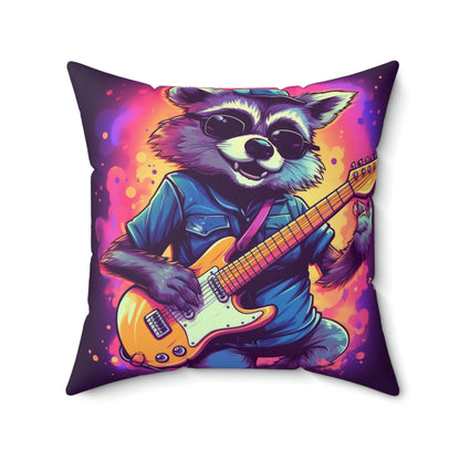 Furry Raccoon Guitarist - Rock Star Animal Music Decor Spun Polyester Square Pillow