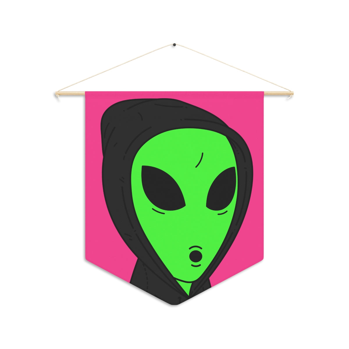 The Visitor Green Alien Black Hoodie Pink Background Pennant