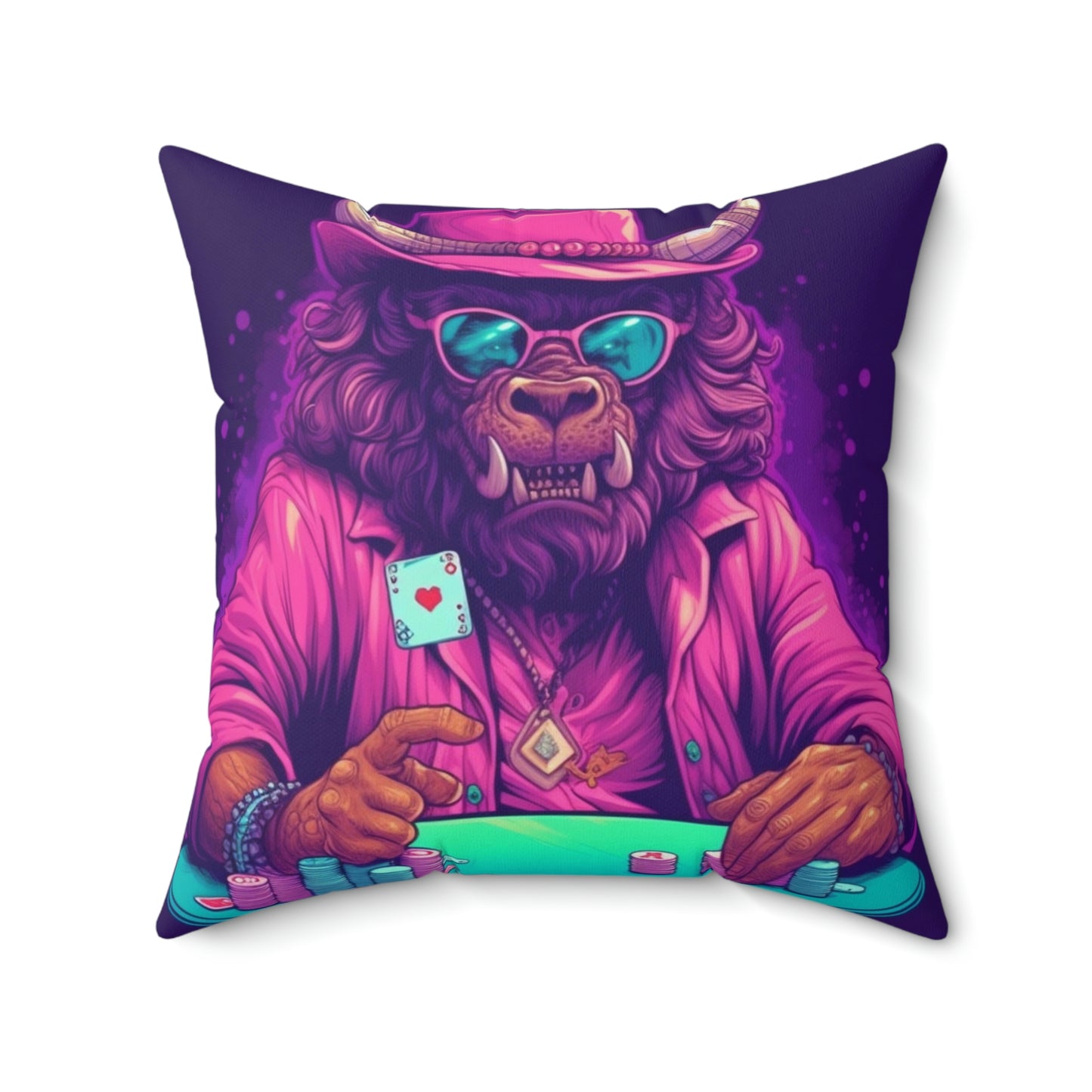 American Bison Poker Card Champion Graphic Spun Polyester Square Pillow