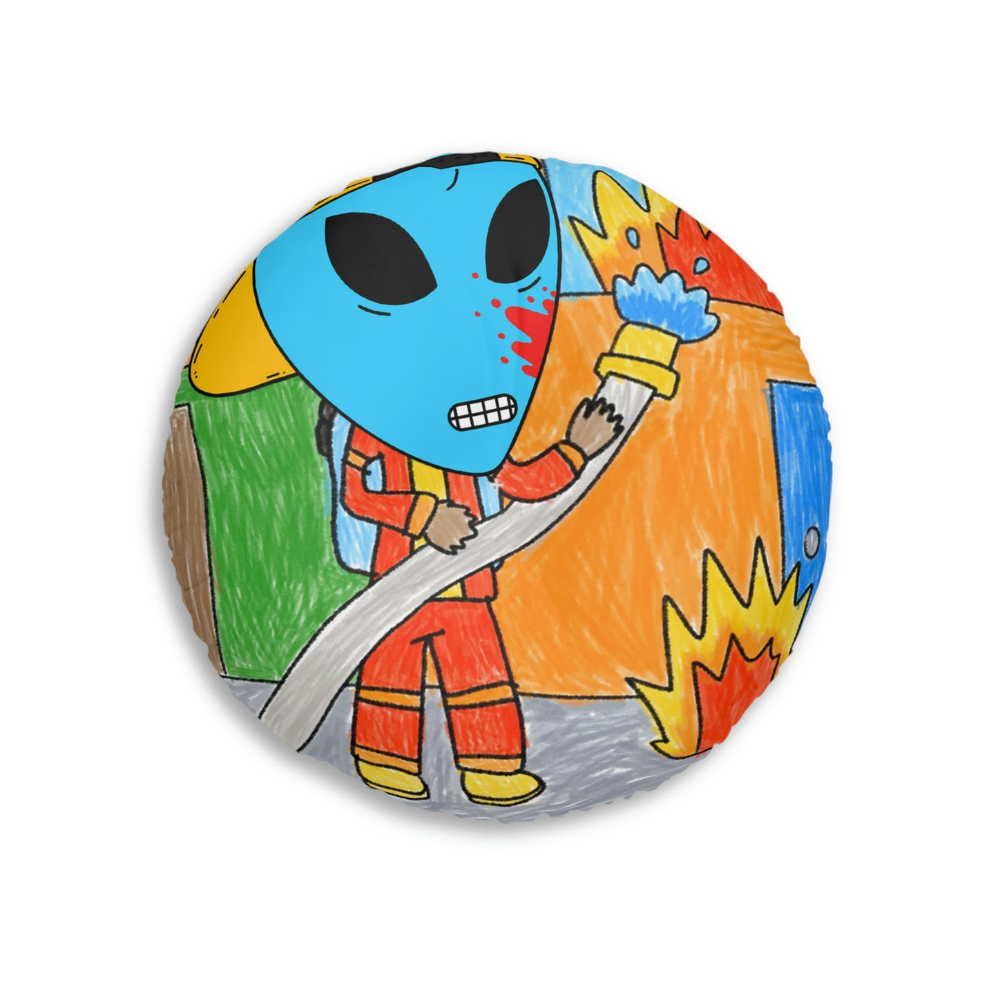 Fireman Fire Fighter Alien Blue Blood Visitor Hero Tufted Floor Pillow, Round