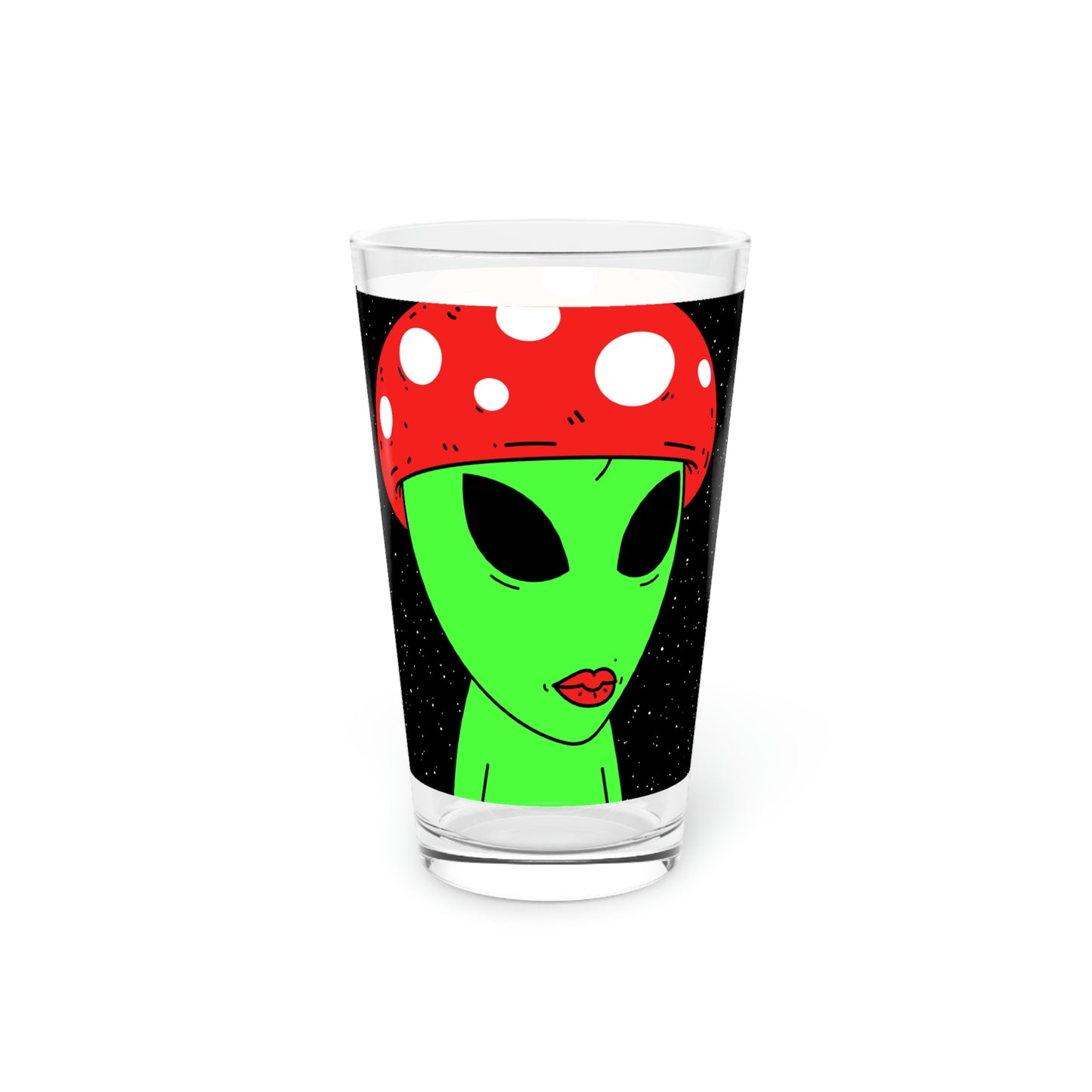 Mushroom Head Green Alien Visitor w/ Red Lips Pint Glass, 16oz