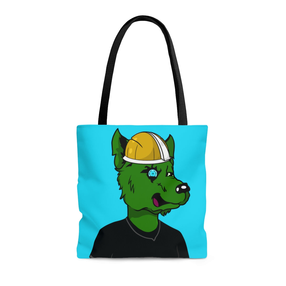 Cyborg Wolve Green Fur Black T Shirt Gold Miner Mining Mine Helmet Blue Bionic Eye AOP Tote Bag