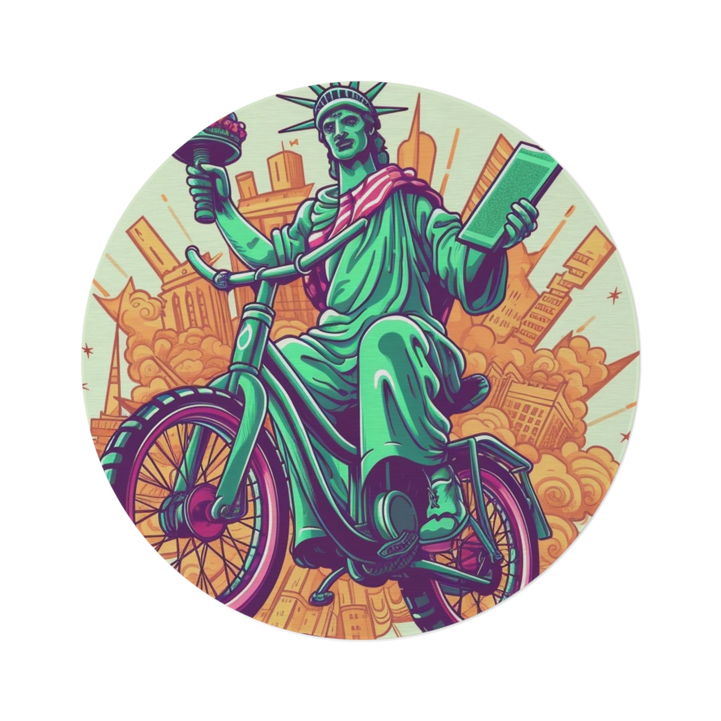 Statue of Liberty Cyclist Bike Rider American Graphic Round Rug