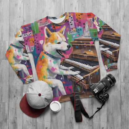 Arte estilo graffiti Shiba Inu tocando el piano: sudadera unisex colorida, feliz y post-apocalíptica (AOP) 